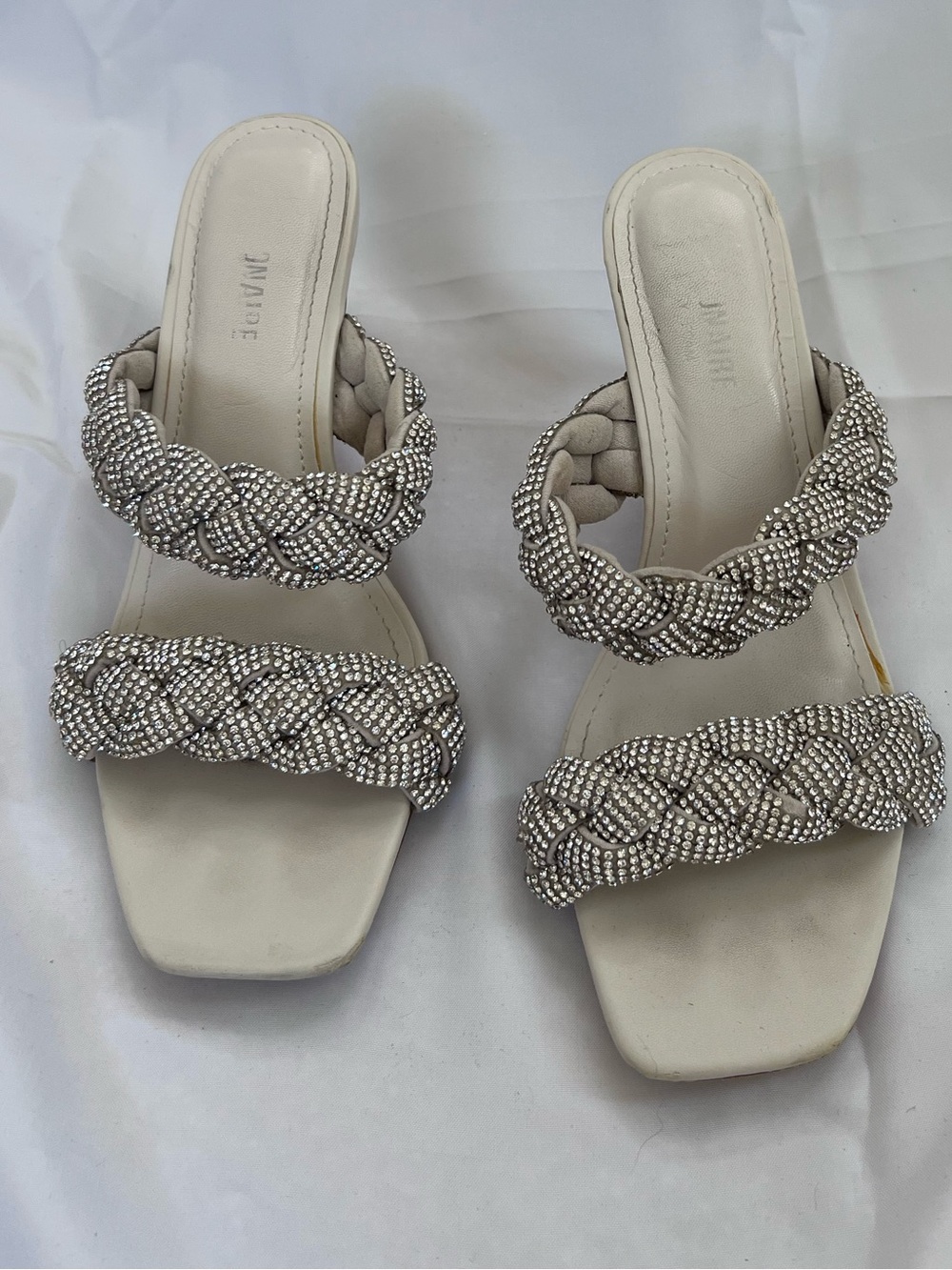 Crystal Braided Strap Heel Sandals - Cream